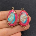 Oval natural stone connector with pink and blue marble pattern and gold metal frame - Rose Pink Sky Blue Texture (No.11)