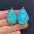 Blue imperial stone teardrop pendant with gold metal trim and double link loops - Sky Blue Brown Web Texture (No.12)