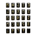 Set of 25 polished black obsidian rune stones with gold Elder Futhark engraving - 15x20x6mm (Set of 26) / Synthetic Black Crystal