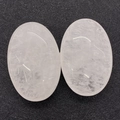 Pair of polished oval white natural stone cabochons with internal mineral textures - White Crystal / Oval Style