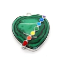 Malachite heart pendant with seven chakra colored stones and silver metal bail - Malachite