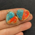 Natural emperor stone heart connector pendant with gold frame and dual holes for DIY jewelry - Red Blue Two-Tone Spliced Imperial Stone Heart Style (25)