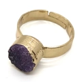 Adjustable golden ring with 10mm round purple druzy crystal and hammered texture - No.4 (Purple Druzy)