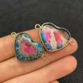 Natural heart stone connector in blue and pink tones with golden alloy frames for DIY jewelry - 21x33mm / US 6