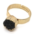 Adjustable gold plated ring featuring a black crystal druzy stone in a bezel setting - No.3 (Black Druzy)