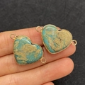Natural heart-shaped emperor stone connector pendant with gold frame and double loops - 21x33mm / US 7