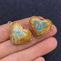 Heart-shaped emperor stone connector in vibrant blue and orange with gold metal frame - 21x33mm / US 8
