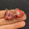 Natural emperor stone heart connector with gold trim and dual rings for DIY jewelry making - 21x33mm / US 9