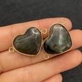 Natural gray imperial stone heart pendant with gold frame and dual ring connectors - 21x33mm / US 13