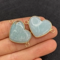 Light blue heart stone connector with gold trim and three loops for DIY jewelry - 21x33mm / US 14