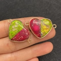 Natural emperor stone heart connector charms with green and red marble pattern and gold trim - 21x33mm / Size 18