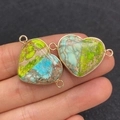 Green and blue heart imperial stone connectors with gold edges for DIY jewelry making - 21x33mm / Size 20