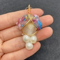 Handcrafted natural stone grape pendant with crystals and pearls in gold wire wrap - Translucent Stone Colorful Chips (No. 3) / 25x50-30x60mm