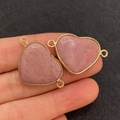 Pink natural stone heart pendant with gold plating and double rings for DIY jewelry - 21x33mm / Size 26