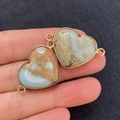 Natural emperor stone heart connector with gold trim and dual hooks for DIY jewelry - 21x33mm / Style 27