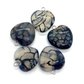 Set of five heart-shaped black striped agate pendants with silver metal rings for DIY jewelry - Black