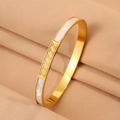 Golden stainless steel cuff bracelet featuring white shell inlay and Greek Meander pattern - 6mm Meander Shell Style (金色6mm长城纹贝壳手镯)