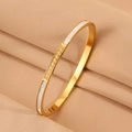 Golden Greek key bangle with mother of pearl inlay on minimalist stainless steel jewelry - 4mm Meander Shell Style (金色4MM长城纹贝壳手镯)