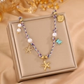Collier de plage tissé coloré avec breloques étoile de mer et turquoise sur soie - Collier Corde Étoile de Mer (1)