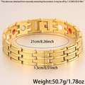 Detail showing 21cm length and 1.3cm width specs for the magnetic stainless steel bracelet - Magnetic Strap Bracelet / Gold