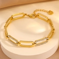 Élégant bracelet en acier inoxydable plaqué or 18k avec maillons ovales et pavé de zircons - Style Rectangulaire Zirconia / Or