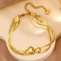 Bracelet triple chaîne serpent en acier inoxydable doré avec pendentifs cœur - Bracelet Cœur Trois Couches Or