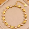 Polished 18k gold plated stainless steel bracelet with pink zircon stone inlay for women - Round Pink Zirconia