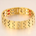 Vue détaillée du bracelet à maillons en acier doré avec éléments magnétiques de santé - Bracelet Magnétique Large Or