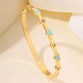 Bracciale placcato oro con cuori in smalto azzurro e pietre di zircone bianco lucido - Bracciale Rigido Strass Cuore Blu Chiaro Oro