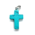 Macro detail of turquoise stone cross pendant with silver bail and natural black veins - 18x29mm / Turquoise
