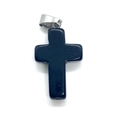 Detailed macro view of a polished black stone cross pendant with silver metal clasp - 18x29mm / Black Agate