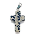 Detailed view of polished dalmatian jasper stone cross pendant with silver metal bail - 18x29mm / Dalmatian Jasper