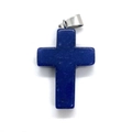 Close-up of a blue lapis lazuli cross pendant with a silver metal clasp and natural stone texture - 18x29mm / Dyed Lapis Lazuli