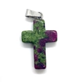 Natural ruby zoisite cross pendant with polished silver clasp on white background - 18x29mm / Ruby Zoisite