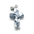White howlite cross pendant with natural grey marble texture and silver metal bail - 18x29mm / Howlite