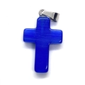 Cross-shaped blue turquoise stone pendant with silver metal clasp for jewelry making - 18x29mm / Dark Blue Cats Eye