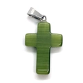 Polished green cat's eye stone cross pendant with silver metal bail clasp - 18x29mm / Oval Green Stone