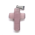 Pink cat eye stone cross pendant with silver metal bail for DIY necklace making - 18x29mm / Light Purple Cats Eye