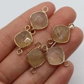 Set of four faceted natural picture jasper diamond-shaped connectors with gold edges - Light Brown (No.8)