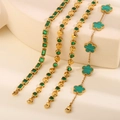 Gold-plated tennis bracelet set with green gemstones and clover design charms - Green Heart Flower Five Piece Collection