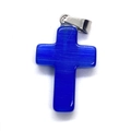 Pendaglio a croce in pietra occhio di gatto blu con gancio argento per gioielli DIY - Occhio di Gatto Blu Scuro (N. 27)