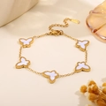 Golden titanium steel bracelet featuring five white butterfly pendants with beaded edges - Butterfly Design White Charm Bracelet