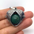 Silver heart wing locket pendant with a round green gemstone for DIY jewelry necklace - Green Aventurine
