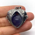 Silver angel wings heart locket pendant with purple gemstone for DIY necklaces - Purple Crystal