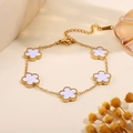 Golden titanium steel bracelet with five white shell flower charms and beaded edge - White Mother Of Pearl Texture Floral Bracelet