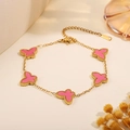 Gold stainless steel bracelet with five pink butterfly charms and bead edge detail - Pink Butterfly Design Bracelet