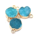 Conector de cuarzo druzy azul 12x18mm con bordes chapados en oro y doble argolla - Azul lago