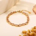 Golden stainless steel heart flower bracelet with pink zircon stones and lobster clasp - Square Pink Zirconia Gold Bracelet