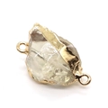 Pale yellow raw natural stone pendant connector with gold plating and double loops - Transparent Crystal