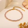 Elegant 14K gold plated bracelet featuring pink rectangle crystals and clear zircons - Step Cut Pink Zirconia Alternating Bracelet
